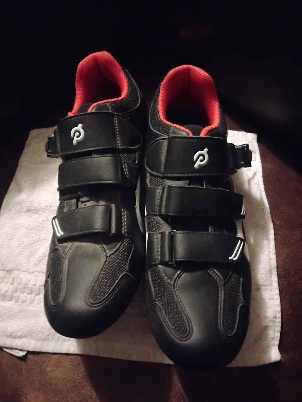 Pelaton Black and Red Cycling Sneakers with Triple Strap Fastenings